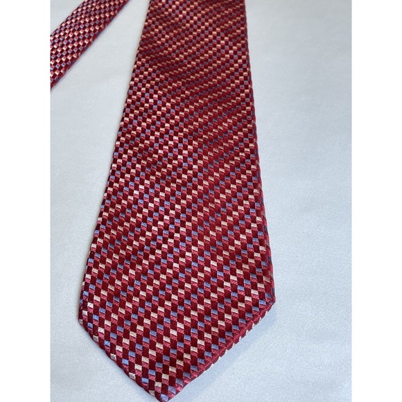 DORMEUIL Paris Men's 100% Silk Tie‎ ~ Red & Blue Geometric ~ - Picture 2 of 7